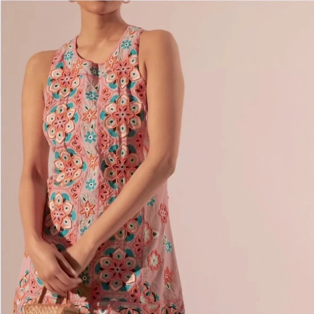 Anthropologie Embroidered & Appliqued Dress - Pink with Multicolor Floral Size 0 - Picture 2 of 12